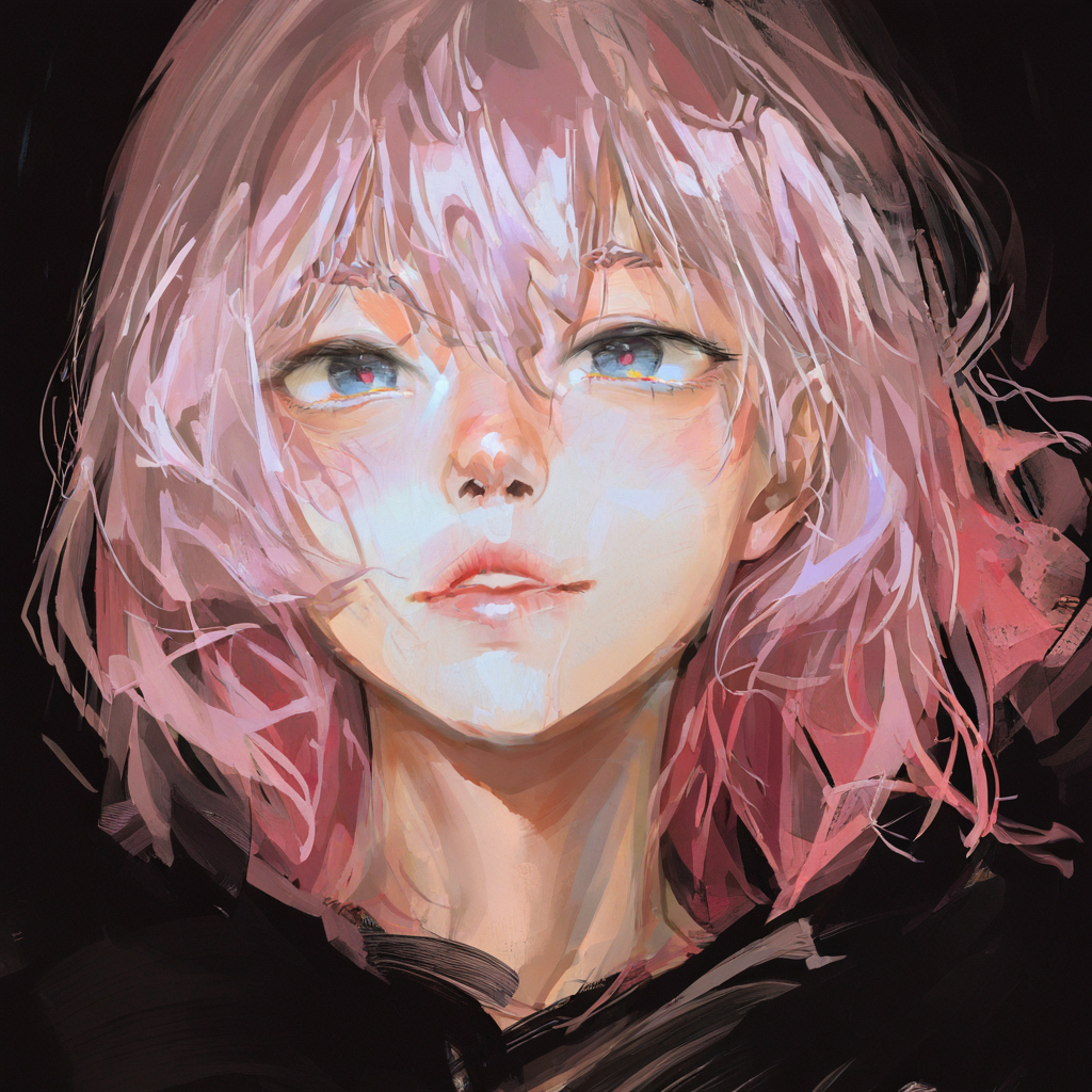 amazing quality, newest, highres, 1girl, portrait, pink hair, beautiful eyes, black background,  <lora:Pluvium_Grandis_v2:1>