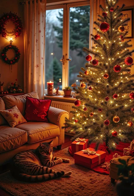 (Masterpiece, best quality, well lit, highly detailed) Christmas, Christmas party, Christmas tree, cozy, warm lighting, christmas living room, indoors, with a sleeping cat, candycane, cookies
