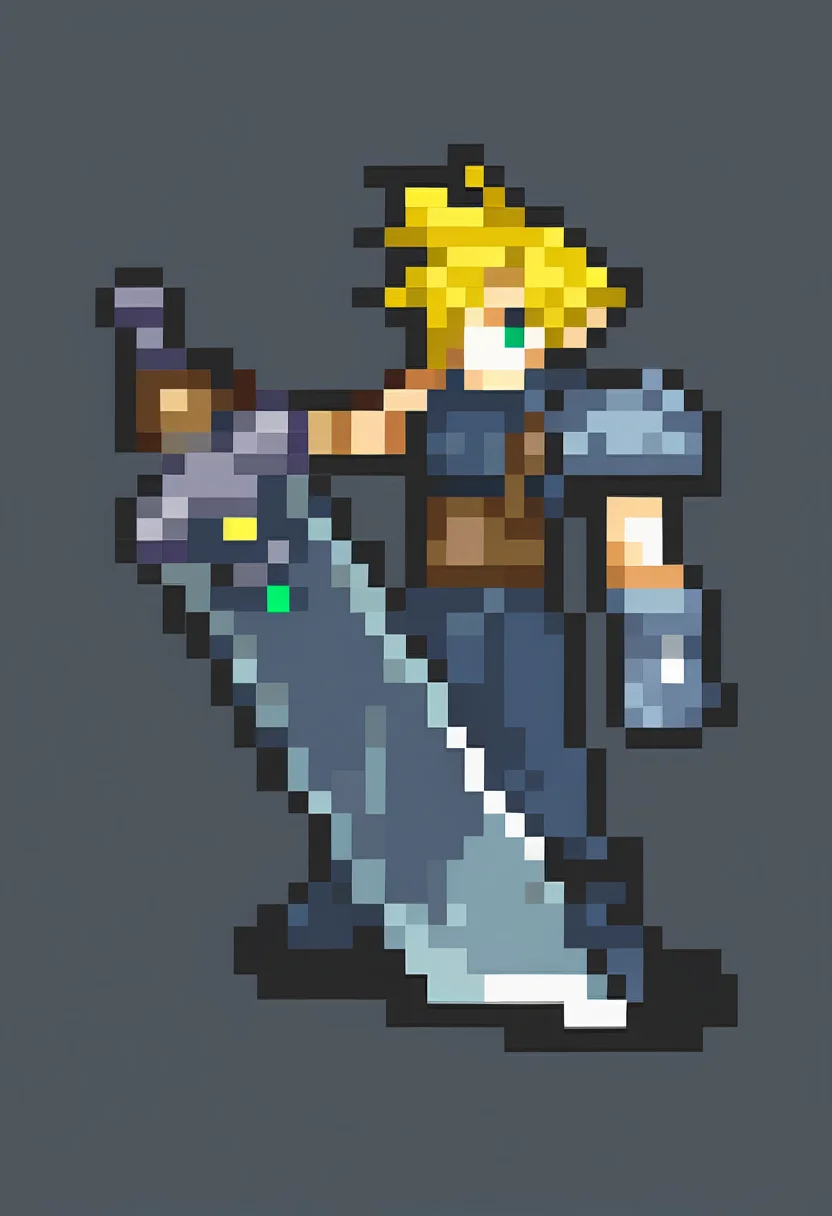 masterpiece, best quality, solo, 1boy, <lora:FEGBA-Sprites-illus_Fp:1>, simple background, pixel art, full body, cloud strife, buster sword, blonde hair, holding sword,