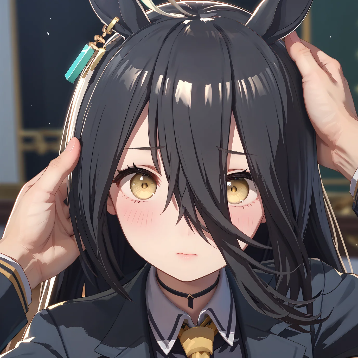score_7_up, score_6_up, score_5_up, source_anime,
<lora:manhattancafe.pony:1>, manhattancafe, yellow eyes,
blush, shy, close-up, looking at viewer,
hand on head, pov hand,