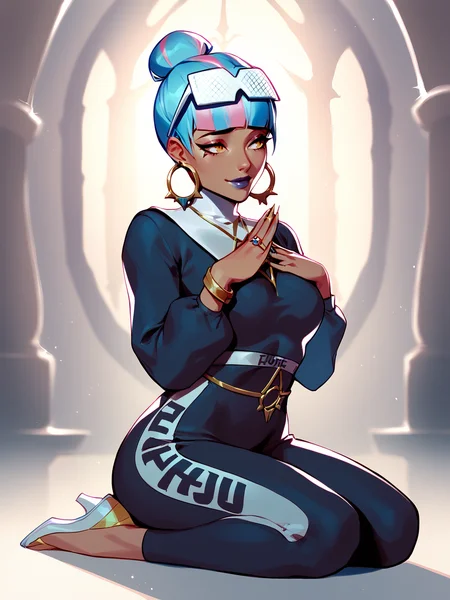 score_9, score_8_up, score_7_up, BREAK, Qiyana True Damage, 1girl, solo, single hair bun, blue and pink hair, multicolored hair, nun clothes, Religious habit, shy smile, looking away, sitting on her legs, kneeling, hands folded in a prayer gesture <lora:QiyanaTD:1> <lora:AhEtoBlehMeme_pdxl_Incrs_v1:1>