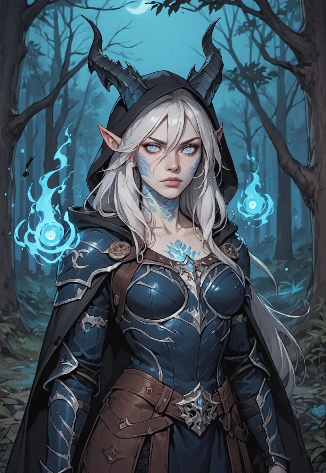 safe_pos, ((zPDXL3)), score_9, score_8_up, score_7_up, score_6_up, score_5_up, score_4_up,
1girl, solo, Adult Woman, Slender Build, pale skin, very-long hair, wild hair, hair between eyes, looking at viewer, pale blue eyes, slit pupils, black pupils, plain expression, medium breast, white hair, (extremely detailed face and eyes), closed mouth, collarbone, outdoors, tree, night, nature, leather armor, forest, in tree, hood, fur cloak, horns, large horns, jewelry on horns, face scales, neck scales, shoulder scales, casting spell, blue energy, blue ball, glowing blue fire, blue scales, black dragon, dragon girl,