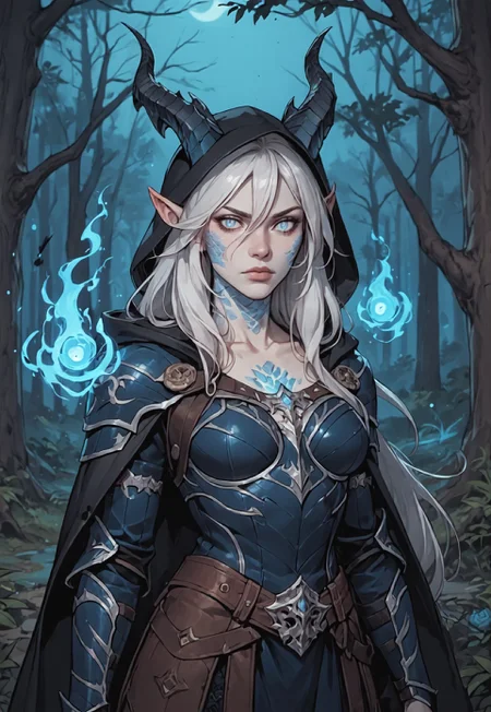 safe_pos, ((zPDXL3)), score_9, score_8_up, score_7_up, score_6_up, score_5_up, score_4_up,
1girl, solo, Adult Woman, Slender Build, pale skin, very-long hair, wild hair, hair between eyes, looking at viewer, pale blue eyes, slit pupils, black pupils, plain expression, medium breast, white hair, (extremely detailed face and eyes), closed mouth, collarbone, outdoors, tree, night, nature, leather armor, forest, in tree, hood, fur cloak, horns, large horns, jewelry on horns, face scales, neck scales, shoulder scales, casting spell, blue energy, blue ball, glowing blue fire, blue scales, black dragon, dragon girl,