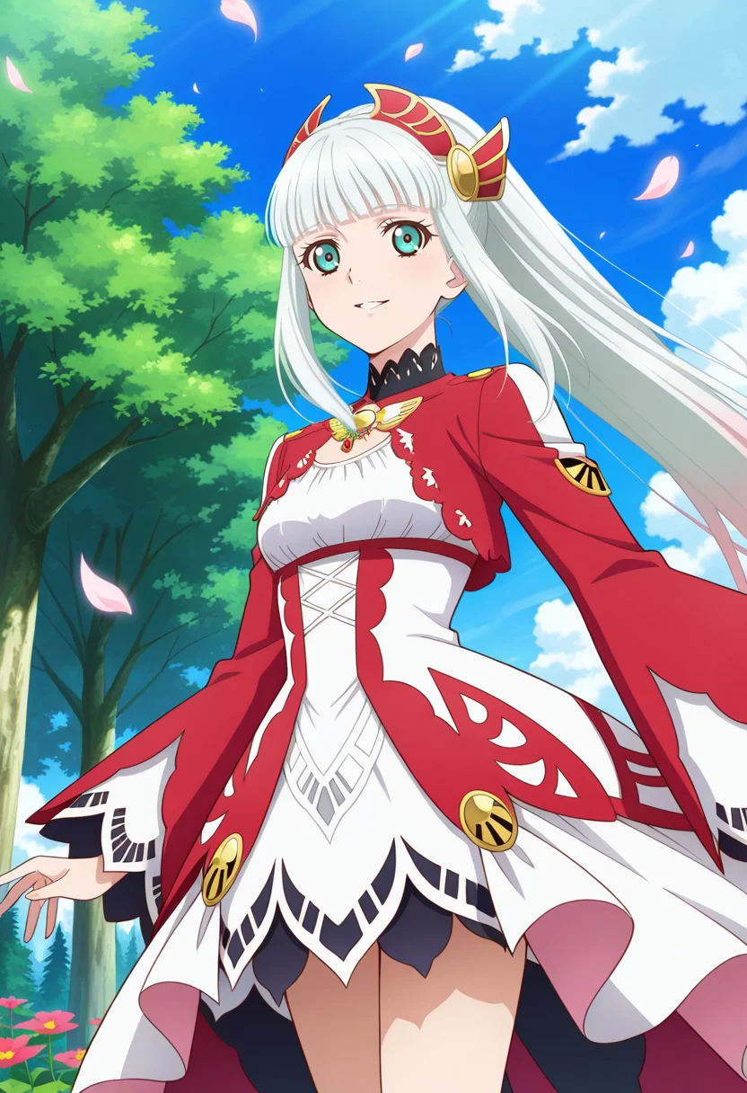 light smile, parted lips, floating petals,
cowboy shot, dynamic angle,
BREAK,
<lora:lailahI_illustriousXL_v04:1>
lailahdef, silver hair, very long hair, multicolored hair, blunt bangs, pink hair, aqua eyes, straight hair, red headwear, ponytail,
laced collar, breast cutout, jewelry, sidelocks, white dress, red dress, multi-colored dress, long sleeves, red sleeves, wide sleeves, white overskirt,
high heels, red heels,, source_anime, very aesthetic, anime coloring, masterpiece,
best quality, amazing quality, ultra detailed, very aesthetic,
detailed background,
BREAK,, forest, flowers, clouds, day, floating leaves,