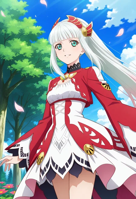light smile, parted lips, floating petals,
cowboy shot, dynamic angle,
BREAK,
<lora:lailahI_illustriousXL_v04:1>
lailahdef, silver hair, very long hair, multicolored hair, blunt bangs, pink hair, aqua eyes, straight hair, red headwear, ponytail,
laced collar, breast cutout, jewelry, sidelocks, white dress, red dress, multi-colored dress, long sleeves, red sleeves, wide sleeves, white overskirt,
high heels, red heels,, source_anime, very aesthetic, anime coloring, masterpiece,
best quality, amazing quality, ultra detailed, very aesthetic,
detailed background,
BREAK,, forest, flowers, clouds, day, floating leaves,