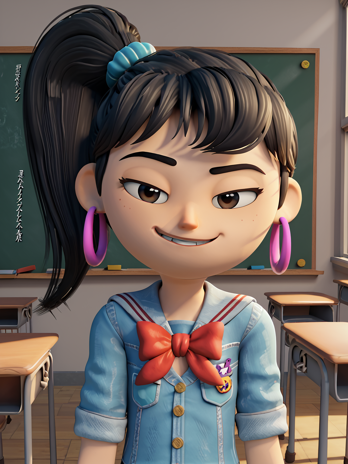looking at viewer, 1girl, solo, <lora:Ellie (Sprite Fright):0.9> elliesf, smug, tease, black hair, ponytail, earrings
score_7_up, source_3d, 3d, school uniform, classroom