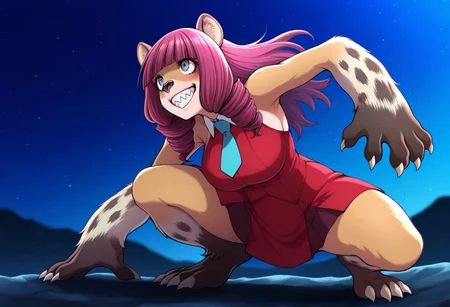 IllusP0s,
1 girl, rat girl, anthro, solo, hyena girl, magenta hair, grey eyes,
Hate_u_Ena, EnaFur, Hyena Body Coloration, EnaEyes, EnaEars, EnaHair, hime cut, long hair, hair drills, EnaNose, Ena teeth, Sharp teeth, EnaArms, animal arms, claws, EnaLegs, animal legs, EnaClothing,
grin, , crouching, cool dynamic pose,
outdoors, night,