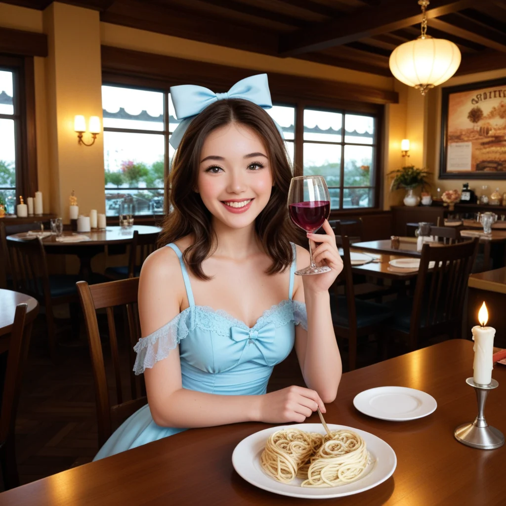 pbest, masterpiece, highly detailed textures, highly detailed fabrics, absurdres, brunette hair, CindyXL, 1girl,
looking at the viewer, open eyes, happy, romantic, sitting at a cafe at sunset, on a date, cute dress, hair bow, ribbons, anime hearts, candle light, cafe table decorated with candles and wine glasses and a wine bottle and dishes of pasta and a wrapped valentine's day present, cute, sweet <lora:add-detail-xl:2.0> <lora:CindyXL:0.7000000000000001>