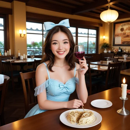 pbest, masterpiece, highly detailed textures, highly detailed fabrics, absurdres, brunette hair, CindyXL, 1girl,
looking at the viewer, open eyes, happy, romantic, sitting at a cafe at sunset, on a date, cute dress, hair bow, ribbons, anime hearts, candle light, cafe table decorated with candles and wine glasses and a wine bottle and dishes of pasta and a wrapped valentine's day present, cute, sweet <lora:add-detail-xl:2.0> <lora:CindyXL:0.7000000000000001>