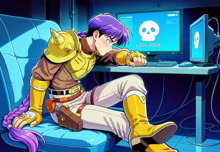 masterpiece, best quality, amazing quality, very aesthetic, absurdres, newest, myroffl3 sat a computer screen which says GAME OVER, 1boy, male focus, purple hair, long braided pony tail, spiked pauldrons, yellow armor, brown shirt, yellow fingerless gloves, belt with holster, belt with pouches, beige pants, boots, sat at computer, computer screen, monitor