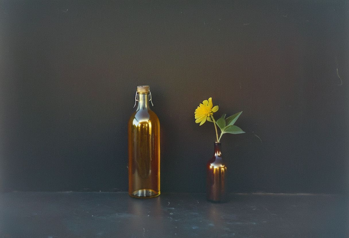 zenit_kodak_gold, instagram photo,a bottle with a flower, hard shadows, film grain