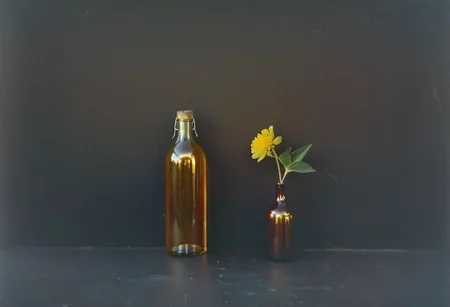 zenit_kodak_gold, instagram photo,a bottle with a flower, hard shadows, film grain