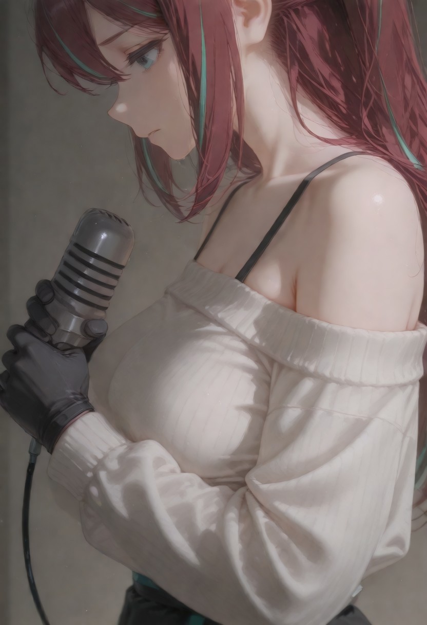[c]akoya_matama, multicolored hair, streaked hair, green hair, green eyes, long hair,, 1girl, solo, simple background, saggy breasts, medium breasts, white SWEATER,gloves, bare shoulders,upper body,long sleeves ,black gloves, SAD FACE,holding microphone,black skirt,fine fabric emphasis,FROM SIDE, masterpiece, best quality, newest, absurdres, highres, very awa, detail pupil, cunnyfunkystyle,portrait,upper body,