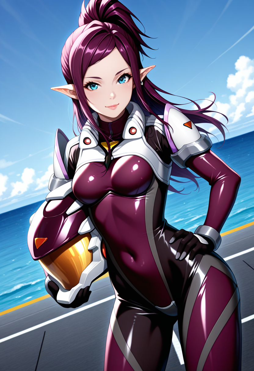 mdMje, 1girl, solo,
purple hair, long hair, high ponytail, sidelocks, pointy ears, single earring, silver earring, blue eyes, lips, medium breasts,
mjeDef, pilot suit, purple bodysuit, skin tight, shiny clothes, covered navel, high collar, shoulder armor, holding helmet under arm, looking at viewer, happy, hand on hip,
science fiction, runway, ocean, dutch angle, blue sky, 
