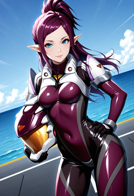 mdMje, 1girl, solo,
purple hair, long hair, high ponytail, sidelocks, pointy ears, single earring, silver earring, blue eyes, lips, medium breasts,
mjeDef, pilot suit, purple bodysuit, skin tight, shiny clothes, covered navel, high collar, shoulder armor, holding helmet under arm, looking at viewer, happy, hand on hip,
science fiction, runway, ocean, dutch angle, blue sky,