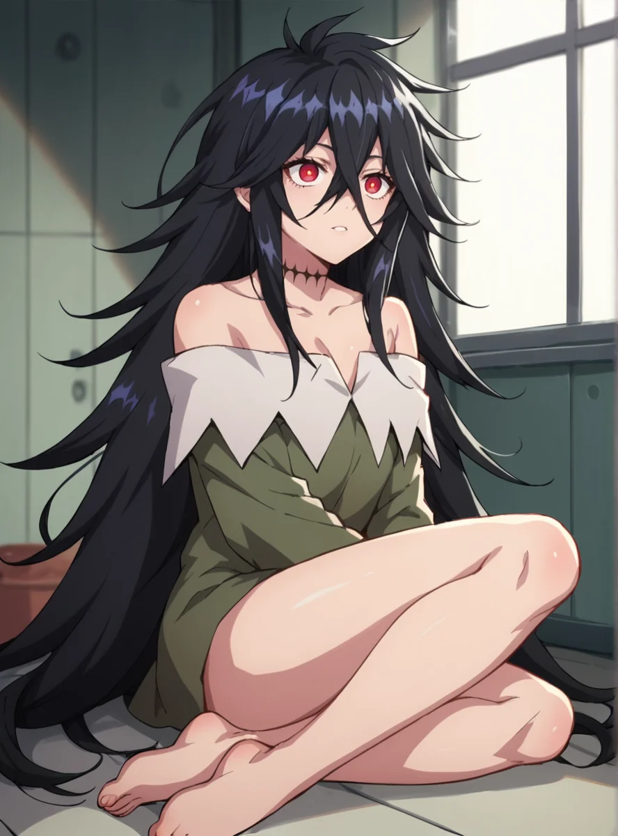 score_9, score_8_up, score_7_up, score_6_up, score_5_up, score_4_up , source_anime  anime screencap, <lora:SoldierXX:0.8>soldierxx, long hair, black hair, solo, 1girl, hair between eyes, red eyes, messy hair, collarbone, off shoulder, barefoot, sitting, very long hair,indoors,