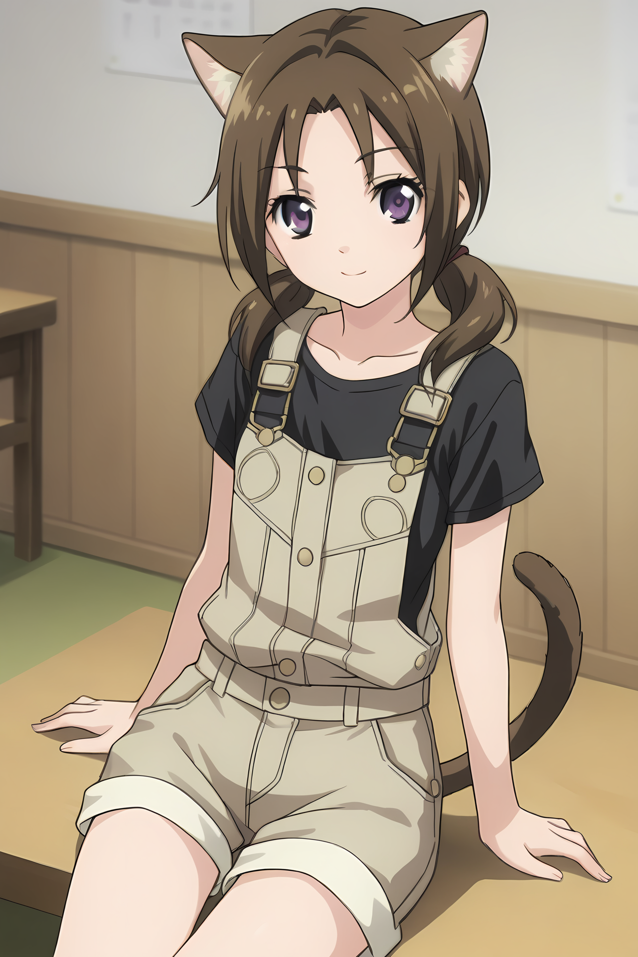 (short overalls black shirt:1.50), cpc-ichika, brown hair, short hair, low twintails, parted bangs, purple eyes,
1girl, solo, skinny, (source_anime, score_9, score_8_up, score_8, score_7_up), score_7, score_6_up, score_6, score_5_up, score_5, 
(lewd:1.30),
(indoors:1.30),
(sitting:1.20), (:1.10),
cat ears cat tail, 
small breasts
<lora:cpc-ichika-V02:0.70>