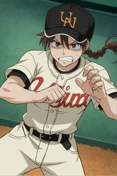 score_9, score_8_up, score_7_up,anime_source, source_anime, best background, detailed background, anime screencap,  Maria Momoe, Baseball Outfit, tsundere, angry, dynamic camera, dynamic angle, perfect hand, perfect fingers, hat, fighting pose, fighting, indoors  indoors, <lora:JN_Maria_Momoe:0.8>