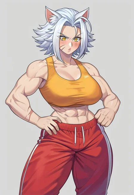 score_9, score_8_up, score_7_up, monster girl, monster girl, badass shifter woman, messy long silver hair, cat ears on head, glowing yellow eyes, whisker markings on cheeks, huge breasts, abs, scar, street fighter fashion, tank top, sweatpants, 1girl, delicate and smooth skin, blush, perfect body, thighs, large teardrop breasts, highly detailed, glossy lips, 4RCH0N, game cg,