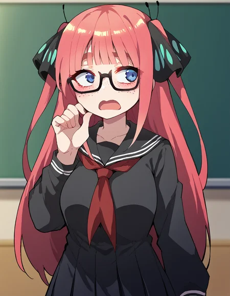 score_9, score_8_up, score_7_up, source_anime, <lora:nnakano-s2-ponyxl-lora-nochekaiser:1>, long hair, bangs, blue eyes, hair ornament, hair ribbon, pink hair, blunt bangs, two side up, butterfly hair ornament, large breasts,, <lora:jimiko-ponyxl-lora-nochekaiser:1>, jimiko, glasses, black-framed eyewear, messy, unkempt, thick eyebrows, twintails, braids, freckles, baggy eyes,, blush, open mouth, embarrassed, classroom, adjusting eyewear, serafuku, black serafuku, red neckerchief, skirt, black skirt, pleated skirt, cowboy shot, <lora:averting-eyes-ponyxl-lora-nochekaiser:1>, averting eyes,