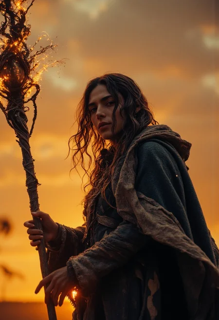 cinematic Closeup movie still-shot,  Create an action scene featuring a halfling hobbit wizard male with Long hair in a broad outworn hooded cape shading his eyes, standing in the midst of an DARK desert forest. he is executing a powerful spell with his Long orb-staff with a translucent Amber Sphere head that carves a furrow through the sand and enemies on the ground, scattering them away or disintegrating them with the force of the blow. The focus is on the intricate designed luminous orb-staff capturing the dynamic speed of the Magic force. Pressure Wave, floating particles, the Closeup of his face silhouette visible against the backdrop of the setting sun, which shines through parts of his body. his billowing Linen cape adding to the dramatic effect. The scene is vibrant with atmospheric lighting and cinematic composition. Super Face Closeup