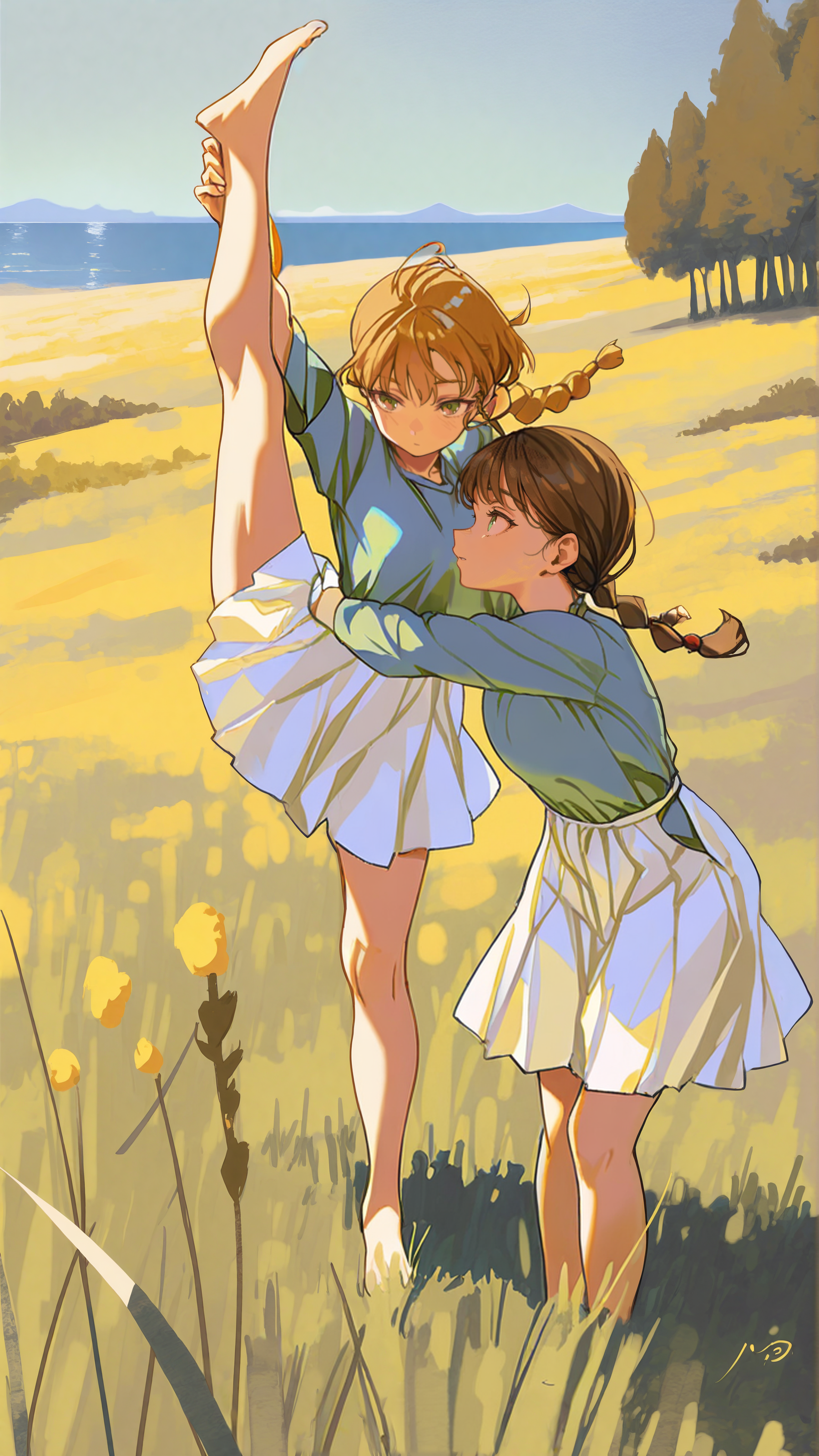 masterpiece, newest,absurdres,incredibly absurdres, best quality, amazing quality, very aesthetic, painterly, 
2girls, standing split, reaching, horizon, field, trees, ginger hair, brown hair, braided hair, white skirt, hakama short skirt, 
<lora:BlueFley_Style_-_Illustration:1> by_bluefley