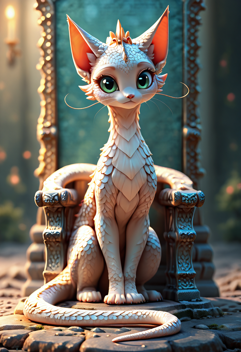 masterpiece, best quality, 1girl, solo, eyelashes, (beautiful eyes),    DracoCat, sitting on a stone throne, looking at viewer, closed mouth, green eyes, long tail draped over armrest, full body, intricate carvings on throne, dim candlelight, royal ambiance, mysterious atmosphere, depth of field, blurry background     ,<lora:DracoCatIXL:1.0>,