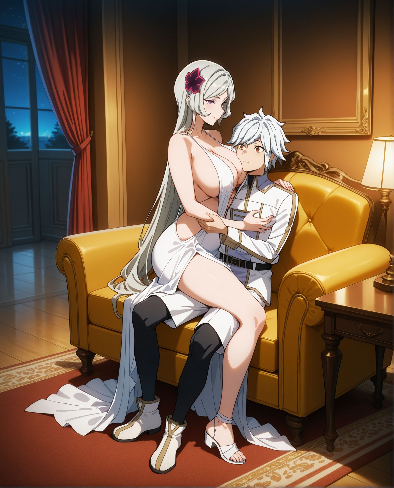 masterpiece,best quality,amazing quality,very aesthetic,absurdres,newest, huge filesize,
<lora:spo_sdxl_10ep_4k-data_lora_webui:0.5>,
<lora:add-detail-xl:1>
1girl, 1boy, hetero,sitting on lap,  face between breasts,  
Straddle, girl on top,  grabbing breast, 
 curtains,yellow couch,huge yellow and red couch, 
<lora:DANMACHI_V2:1>,danmachiV2,   lamp on desk,
night, dark,(super huge living room:1.4),huge wall,huge Printed Carpet,huge Presidential Suite,
BREAK
D_Freya ,long hair, purple eyes,   
dress,whute circle table  ,(white sandals),  white dress, grey hair, slingshot dress,Long flowing skirt,
hair flower,hair ornament,cleavage, sideboob, large breasts, bare shoulders,bare leg female,
breasts,lamp,
flower,sideboob
BREAK
1boy,sitting, serious male,  smile female,facing another, 
D_bell_white,white uniform,  red eyes male,   hand on thighs, 
white dress,indoors,white hair,short hair,  (Skin-tight black leggings male),(white shorts  and white shoes:1.2),
