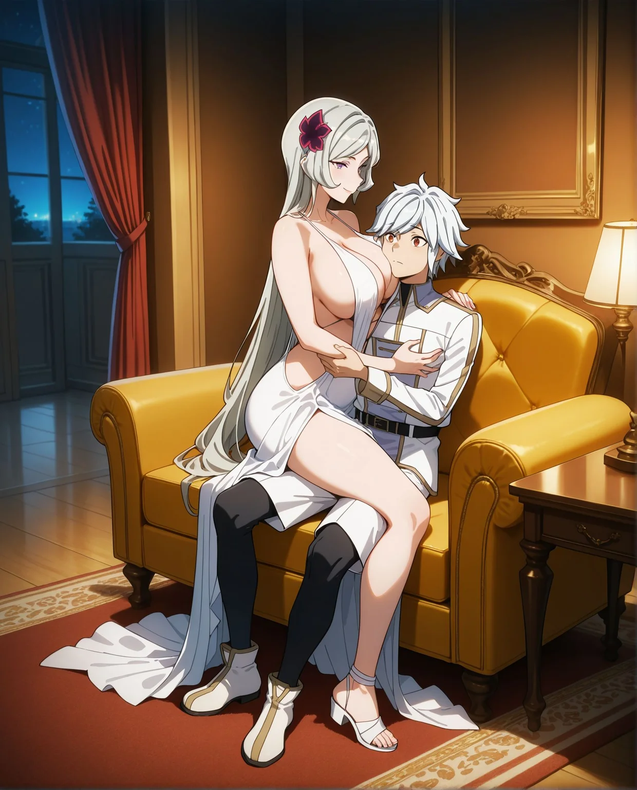 masterpiece,best quality,amazing quality,very aesthetic,absurdres,newest, huge filesize,
<lora:spo_sdxl_10ep_4k-data_lora_webui:0.5>,
<lora:add-detail-xl:1>
1girl, 1boy, hetero,sitting on lap,  face between breasts,  
Straddle, girl on top,  grabbing breast, 
 curtains,yellow couch,huge yellow and red couch, 
<lora:DANMACHI_V2:1>,danmachiV2,   lamp on desk,
night, dark,(super huge living room:1.4),huge wall,huge Printed Carpet,huge Presidential Suite,
BREAK
D_Freya ,long hair, purple eyes,   
dress,whute circle table  ,(white sandals),  white dress, grey hair, slingshot dress,Long flowing skirt,
hair flower,hair ornament,cleavage, sideboob, large breasts, bare shoulders,bare leg female,
breasts,lamp,
flower,sideboob
BREAK
1boy,sitting, serious male,  smile female,facing another, 
D_bell_white,white uniform,  red eyes male,   hand on thighs, 
white dress,indoors,white hair,short hair,  (Skin-tight black leggings male),(white shorts  and white shoes:1.2),