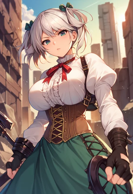 score_9, score_8_up, score_7_up, score_6_up, source_anime, solo, 1girl, ciel, (large breasts:0.8), white shirt, long sleeves, fingerless gloves, frilled dress, neck ribbon, red ribbon, shoulder holster, brown corset, underbust, green skirt, long skirt, cross-laced skirt, serious, incoming attack, facing viewer, looking at viewer, holding weapon, outdoors, ruins, cityscape, rubble, post-apocalypse, depth of field, foreshortening, dynamic pose, super wide angle shot, extreme perspective, <lora:ciel.pony:1>, <lora:DynamicPose_alpha1.0_rank4_noxattn_100steps:1>