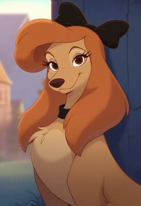 (source_furry, source_cartoon, rating_explicit, score_9, score_8_up, score_7_up, score_6_up, score_5_up, score_4_up), BREAK Dixiedog, feral, dog, chest tuft, large round eyes, brown eyes, eyelashes, orange hair, brown fur, black bow, hair bow, looking at viewer, smile, outdoors, country side, high-definition, masterpiece, high quality, studio shadows, rim lighting, extremely detailed CG unity 8k wallpaper, Expressiveh,