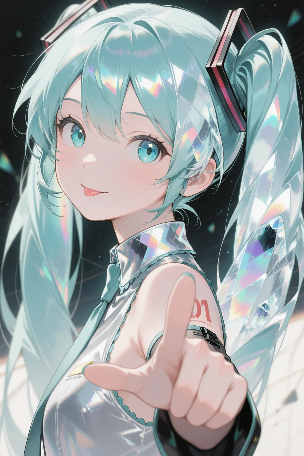 masterpiece, best quality, iridescent_crystaline, 1girl, pointing at viewer, looking at viewer, looking to the side, hatsune miku, closed mouth, tongue, light smile <lora:Iridescent_crystaline:1>