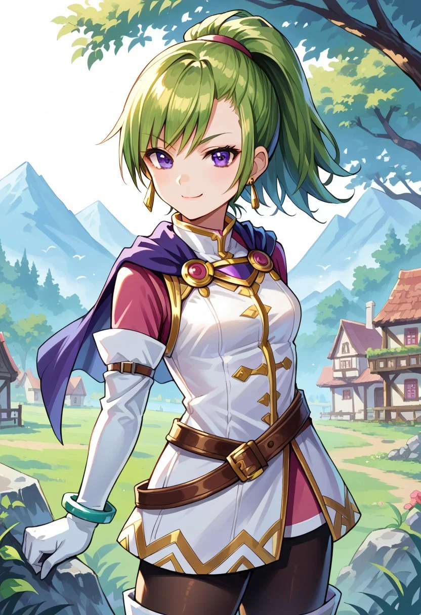 score_8, score_8_up, score_7_up, source_anime, anime screenshot, 1girl, female focus, solo, Karis_GS, green hair, ponytail, purple eyes, earrings, blue capelet, small breasts, mandarin collar, white coat, ribbon trim, gold trim, crossed belts, pink miniskirt, pink undershirt, pink sleeves, white gloves, elbow gloves, bracelet, black pantyhose, white boots, outdoors, fantasy village background, smug, looking at viewer