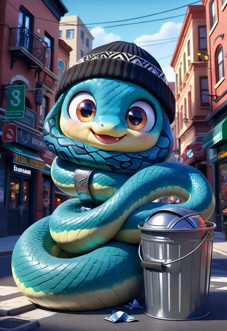 CuteCartoonStyle, adorable big shiny eyes, 3DSnakes, cool design, cool pattern, smiling happy expression, cute, wearing a beanie on his head, the snake is wrapped around a metal trash can in an urban city street, looking at viewer,