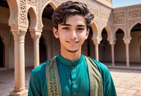 1guy, muslim guy, detailed muslim face, partially smile, huge bulged, cute handsome face, 21yo, His skin reflecting the light, wearing a colored muslim cloth, high detailed, high quality, 8K Ultra HD, full body shot, twink body, (( islamic culture center )), slim young body,