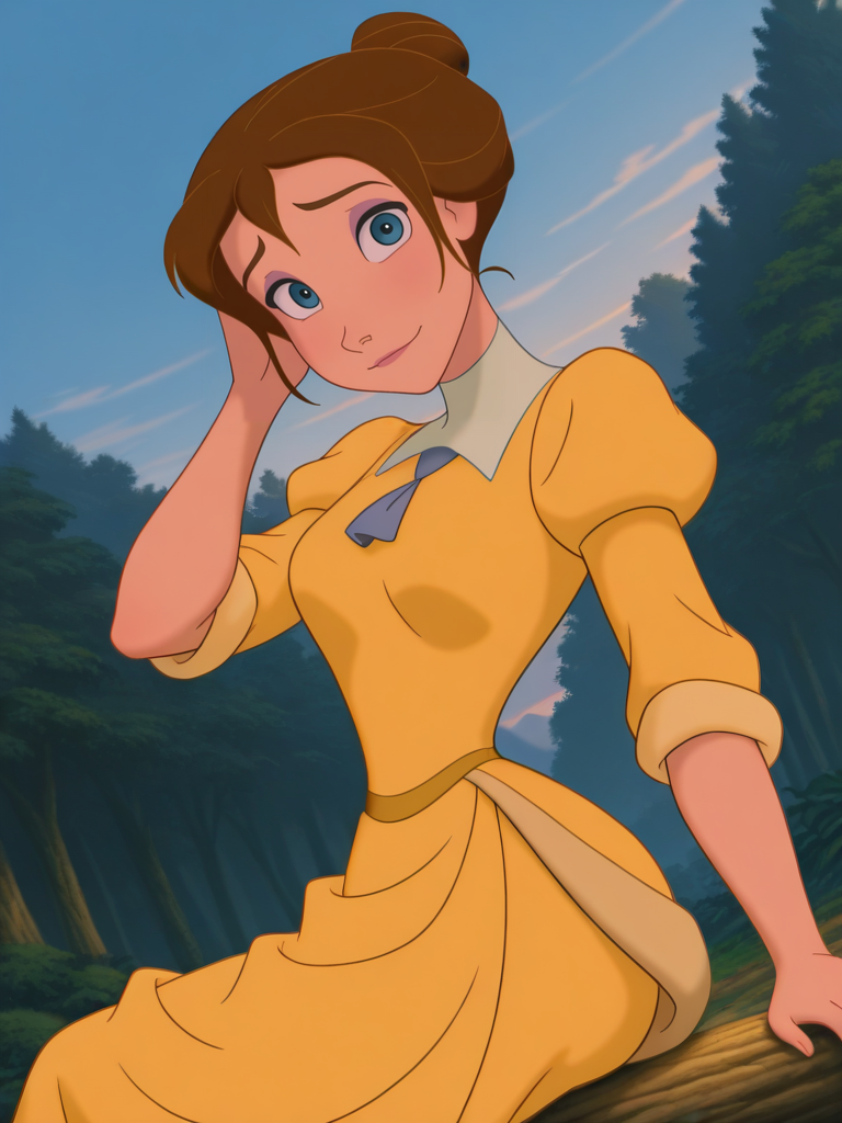 (anime screencap:1.2), background,
1girl, medium breasts, (JaneXL:1.1), short hair, brown hair, hair bun, blue eyes, yellow dress, puffy sleeves, skirt, makeup,
light smile, dutch angle, shy pose, sitting on wooden log, looking at viewer, blue sky, nature, daylight, portrait, dynamic pose, cowboy shot, from side, one hand on hair, 
 <lora:JanePorterXL_Character:1>