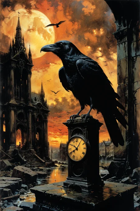 score_9, score_8_up, score_8, score_7_up, (best quality), masterpiece, absurdes, surreal, oil painting, illustration, traditional media, very aesthetic, solo focus, (a crow is sitting on top of a clock:1.1), glistering feathers, beak, glowing red eyes, dramatic sky, rainy, contrast background, Intricate and detailed concept art, gothic art, sad, very realistic, (no humans:1.5), heavy brushstrokes, highly and intricate details, gloomy, unsetting, tragic, dark fantasy, victorican, darkness, chiaroscuro, glowing, contrast lighting, dark and mysterious atmosphere, suspenseful, the grim atmosphere, melancholy, sorrowful, Perfect composition, Sharp focus, dramatic lighting and cinematic lights by Ridley Scott, dramatic angle, unique perspective, unique angle, color contrast, artistic, <lora:sdxl_lora_beksinski:0.5> digital artwork by Beksinski <lora:HR_Giger_Style_Pony:0.5> edgar allan poe, jc leyendecker, Brothers Hildebrandt
fixl-art(creative), OverallDetailXL <lora:Psychedemon:0.35> <lora:tbh233-sdxl:0.4>