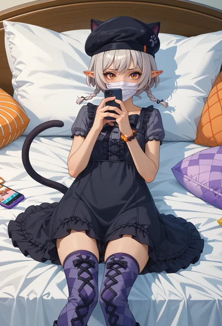 score_9, score_7_up, source_anime, BREAK <lora:AEArchie:0.8> AEArchie, orange eyes, brown eyes, grey hair, short hair, low twintails, twin brainds, pointy ears, animal ears, braid, cat tail, dark-skin, mole under eye, tail bow, mouth mask, black headwear, beret, black bow, grey shirt, short sleeves, black dress, short dress, center frills, bead bracelet, watch, argyle legwear, grey thighhighs, purple thighhighs, blue thighhighs, boots, cross-laced, white footwear, zettai tyoiki,
on bed, on back, on pillow, playing games, holding phone, bored,