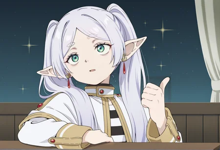 anime screenshot, anime screencap, anime coloring, look_at_my_tsukasa, parody, sparkles, upper body, thumbs up, table, 1girl, frieren, <lora:Look_at_my_Tsukasa_medalist_meme:1>, masterpiece, best quality, amazing quality, very aesthetic, absurdres, highres, newest