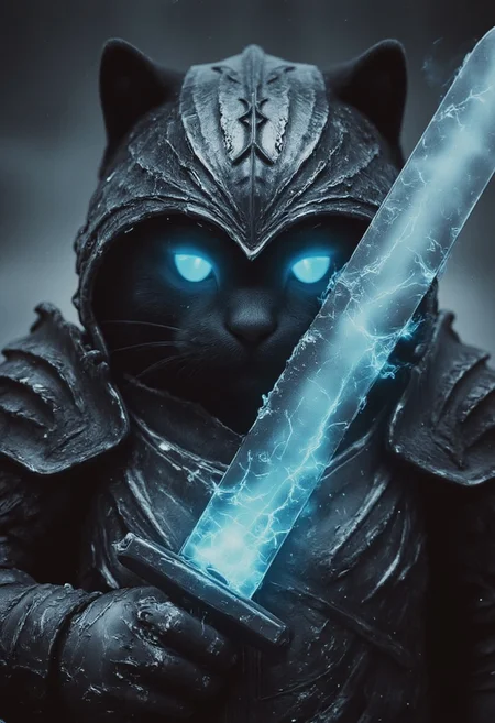 An action scene shot captures a dark, menacing towering fluffy black cat knight in the heat of an intense, action-packed battle, reminiscent of gritty realism from an old analog camera. The knight’s intricately designed, battle-worn helmet reflects the eerie magical, ethereal glow of its weapon—a massive, twisted sword. The blade crackles with dark energy, gathering ominously at its tip, where a glowing orb of faded blue light pulses with immense, destructive power. This energy radiates along the blade, casting a ghostly blue glow that illuminates the knight’s helmet and armor, creating stark contrasts between light and deep shadows. In its other paw, the cat wields a terrifying shield adorned with jagged, twisted patterns and a ghastly visage that seems to stare into the souls of its enemies. The shield emanates a sense of foreboding, as if cursed by dark magic, enhancing the overall terror of its presence. The glow from the sword accentuates the intricate details of the shield, casting long shadows that flicker across the lone desert battlefield amidst the dunes.
