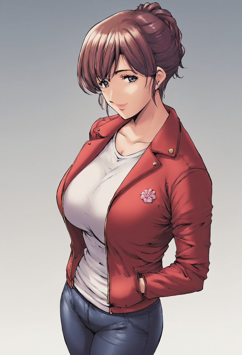 source_anime, score_9, score_8_up, score_7_up, 1girl, mature_female, large_breasts, portrait, solo, looking_at_viewer, open_eyes, Standing, pretending to smell a big flower, from_above, (Puc Jacket), portrait,rating_safe, <lora:pony\artist_styles\hoshino_ryuichi_pony:1.0>