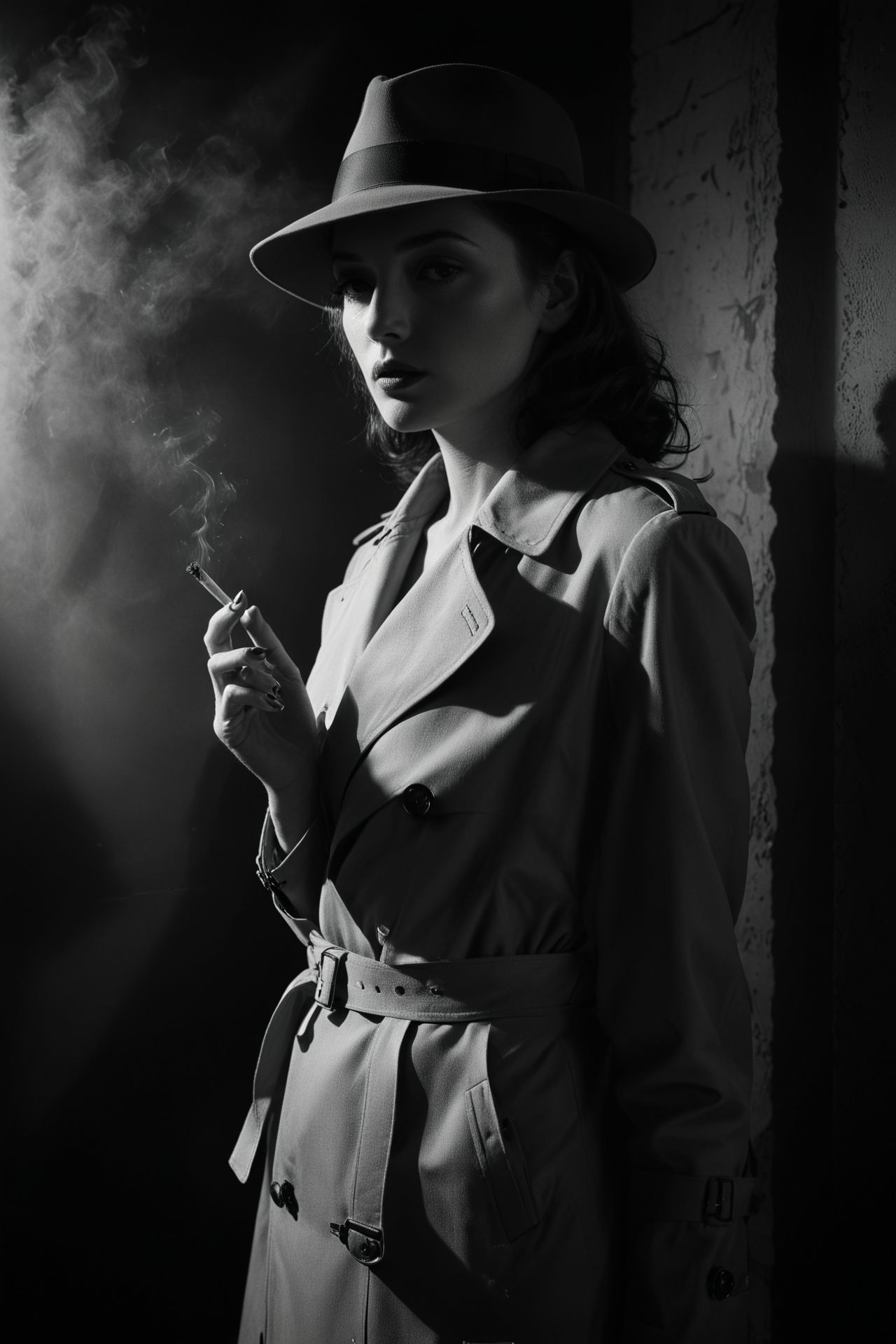 Black and white film noir still of a woman with a cigarette, wearing a trench coat and fedora, hard lighting, shadows, mysterious atmosphere, 1940s aesthetic. 
(masterpiece, award winning artwork)
many details, extreme detailed, full of details,
Wide range of colors, high Dynamic
 <lora:add-detail-xl:1> 
<lora:WildcardX-XL-Detail-Enhancer:0.9>
 <lora:zavy-cntrst-sdxl:0.245> dark, chiaroscuro, low-key 
<lora:RMSDXL_Creative:0.24> 
<lora:dvr-lnds-sdxl:0.22> dvr-lnds-sdxl