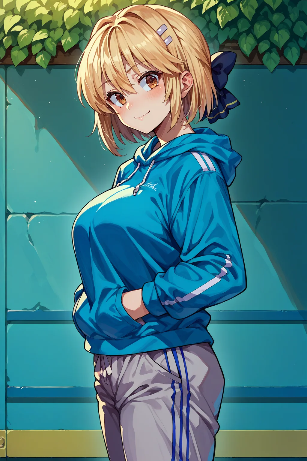 score_9, score_8_up, score_7_up, score_6_up, source_anime, 1girl, solo, <lora:lisciaelfrieden-pdxl-nvwls-v1-000005:1> liscia, blonde hair, short hair, brown eyes, hairclip, hair bow, blue hoodie, big breasts, grey pants, track pants, hands in pockets, looking at you, blush, smile