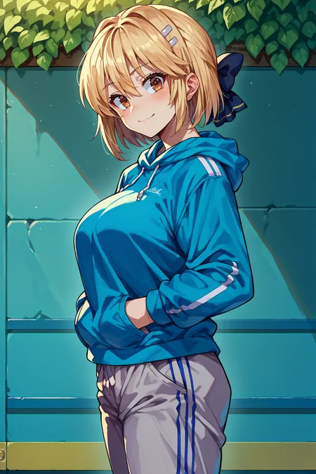 score_9, score_8_up, score_7_up, score_6_up, source_anime, 1girl, solo, <lora:lisciaelfrieden-pdxl-nvwls-v1-000005:1> liscia, blonde hair, short hair, brown eyes, hairclip, hair bow, blue hoodie, big breasts, grey pants, track pants, hands in pockets, looking at you, blush, smile