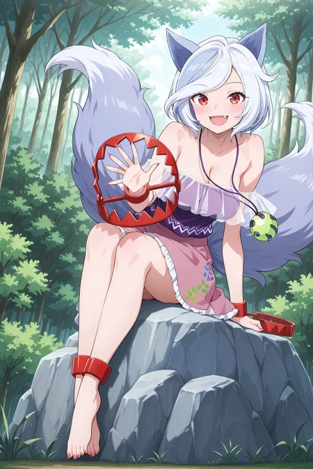 absurdres, highres, masterpiece, best quality, amazing quality, official anime artwork, screencap, anime screencap, outdoors, looking at viewer, fang, open mouth, 
 <lora:Enoko-Mitsugashira_IllustriousV1.1:1> mitsugashira enoko, 1girl, solo, red eyes, white hair, short hair, dog ears, multiple tails, long fingernails, medium breasts,, green pendant, bare shoulders, purple shirt, frills, pink skirt, bear trap, waving, sitting, on rock, forest, day,