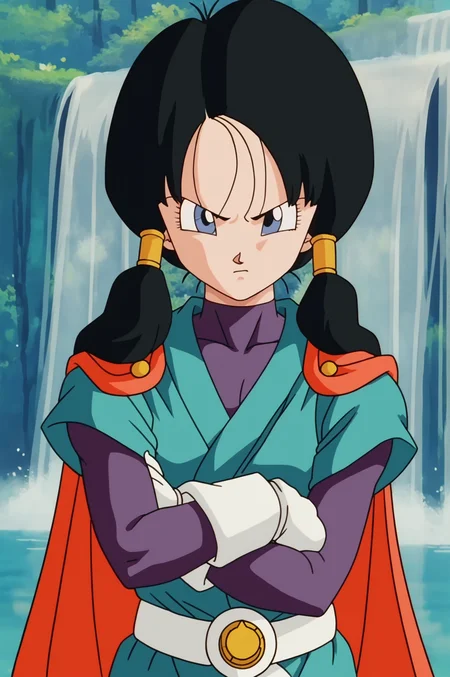 source_anime, score_9, score_8_up, score_7_up, anime screencap, absurdres,
videl, 1990s \(style\), retro artstyle, great saiyaman costume, girl, solo, blue eyes, twin tails, long hair, black hair, hair tubes, closed mouth, upper body, outdoors, white gloves, green tunic, red cape, purple bodysuit, wristwatch, white belt, crossed arms, v-shaped eyebrows, (annoyed), looking to the side, waterfall, nature, tree, water, forest, eyelashes,
<lora:Videl_v1:0.8>