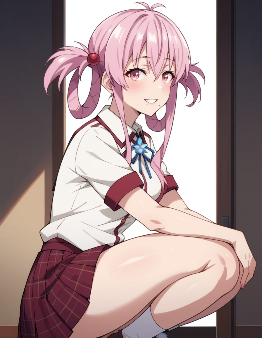 score_9, score_8_up, score_7_up, source_anime, uncensored, <lora:StS_detail_slider_v1:3>, zPDXLxxx, <lora:Momo_Sakurabara_PONYXL_VexVexX:1>, MomoSakurabara, 1girl, pink eyes, pink hair, twintails, hair rings, sidelocks, hair bobbles, hair ornament, bangs, mole under mouth, medium breasts, school uniform, ribbon, plaid skirt, pleated skirt, cowboy shot, indoors, from side, Squat jump, exploding upwards from a squatting position, thighs, looking at viewer, smile,
