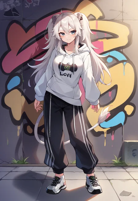 core_9, score_8_up, score_7_up, ShishiroBotan, long hair, two side up, ear piercing, lion tail, urban and street style, graffiti-inspired colors, cool and edgy attire, baggy pants, hoodie, stylish sneakers, fashionable accessories, hip hop jewelry, confident expression, graffiti walls, energetic and vibrant atmosphere, <lora:CHAR-ShishiroBotanPonyXL:1>