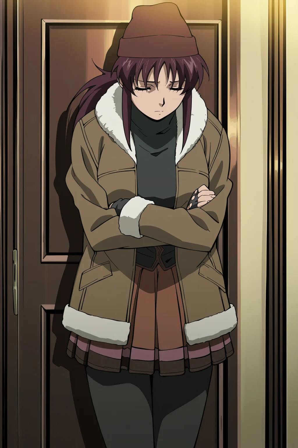 anime screencap, anime coloring, detailed face, masterpiece, best quality, very aesthetic, absurdres, volumetric lighting, official style, amazing quality, ultra detailed,  highres, amazing quality, scenery, beautiful detailed hair, beautiful detailed eyes, 
 <lora:Revy_Black_Lagoon:1>
in a room,
Revy (character), 1girl, solo, revy (black lagoon), burgundy hair, ponytail, brown eyes, ponytail,
Revy coat (outfit), skirt, beanie, hat,coat, against wall, long hair, closed eyes, black pantyhose, jacket
crossed arms,