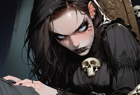 score_9, score_8_up, score_7_up, g0th1cxl ,bone white skin, black goth makeup, black lipstick, smeared makeup, sinozick style, Expressive, source_comic, extremely attractive woman sitting on a throne of skulls, brunette , horny, large perky breasts, black frilly blouse, skull belt, frilly black miniskirt, black fighter stockings, indentation , dynamic sexy pose, gothic background, bad photo composition, accidental photo, poorly framed, out of focus , 
BREAK 
dramatic angle, unique perspective, unique angle,